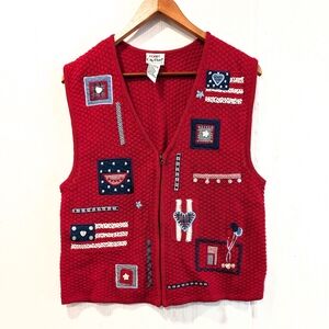 VINTAGE Koret patriotic heart & flag red knit v-neck sweater vest medium